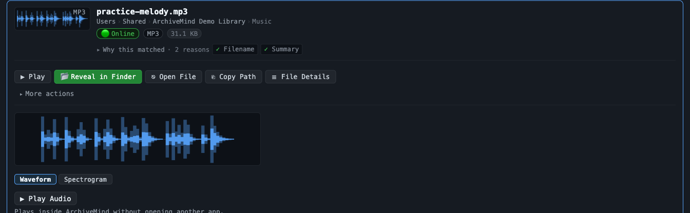 An audio file's waveform with clear peaks and valleys, a spectrogram toggle, and a Play Audio button